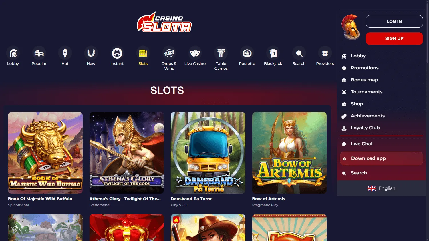 Slotacasino desktop view of casino titles and game categories