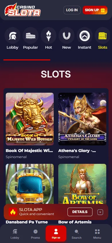 Slotacasino mobile view of casino games and categories