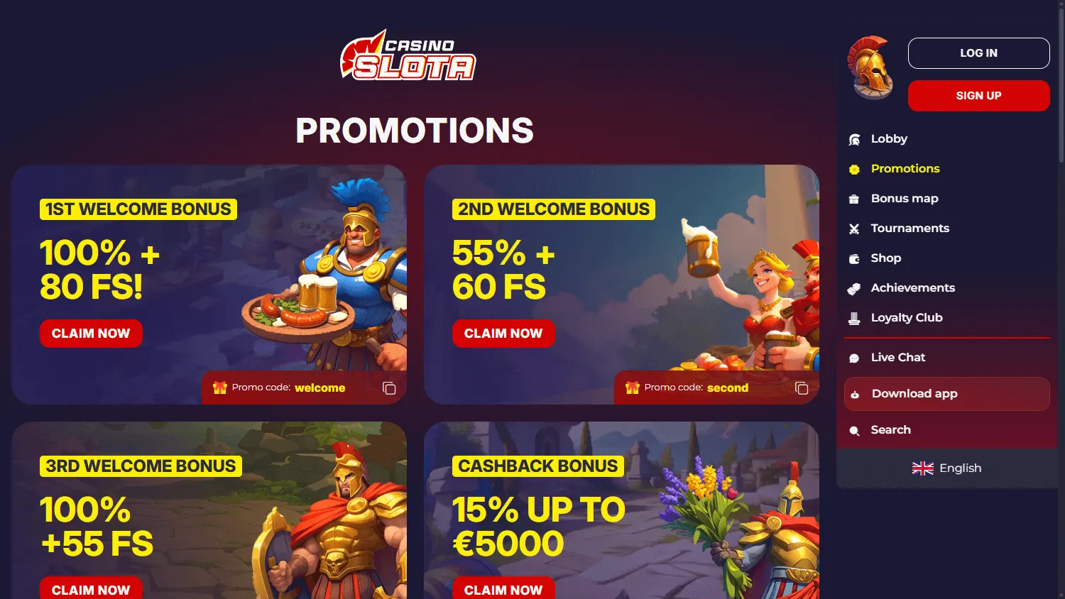 Slotacasino desktop promotions area with casino offers