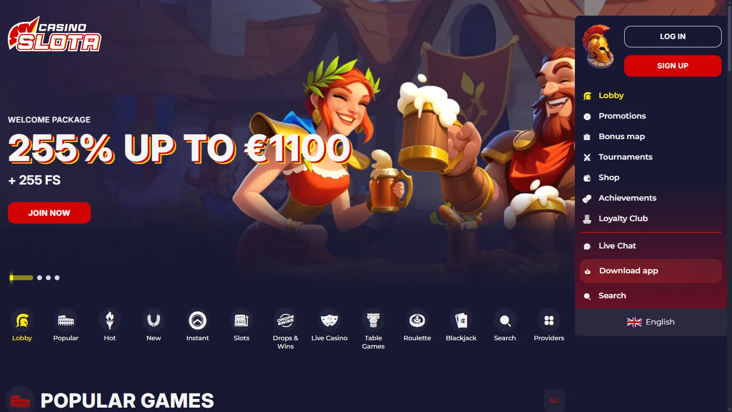 Slotacasino desktop casino game catalogue with multiple game categories