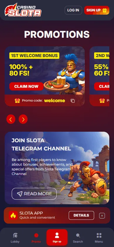 Slotacasino mobile promotions area with casino offers